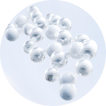 Wetenschappelijke afbeelding van heldere moleculen die in een abstracte vorm zweven op een lichte achtergrond.