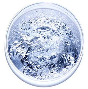 A close-up view of clear water with bubbles in a circular glass container.