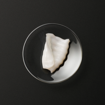 A white, shell-shaped dessert sits elegantly in a clear glass dish on a dark surface.