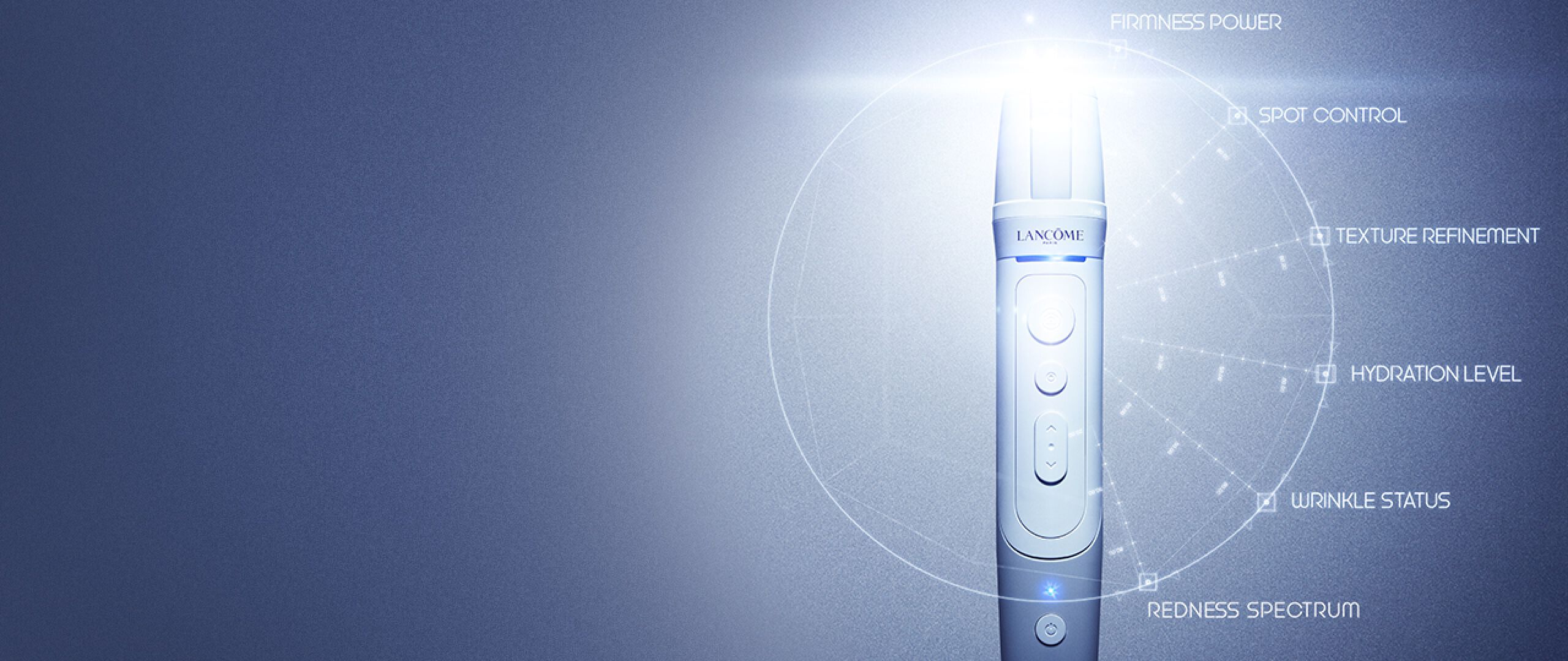 Afbeelding van een Lancome apparaat met een lichtstraal, vergezeld van grafische elementen die verschillende huidparameters weergeven, zoals hydratatieniveau en rimpelstatus.