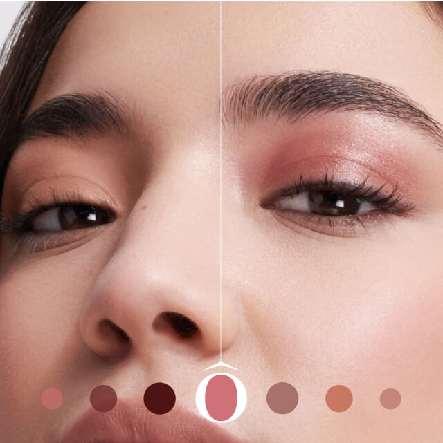 Een close-up van een vrouw met een zachte make-uplook, waarbij de focus ligt op haar ogen en een kleurenpalet onderaan de afbeelding.