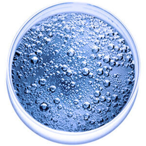 A close-up view of a clear liquid filled with numerous small bubbles, contained in a round glass or plastic container. The liquid has a light blue tint.