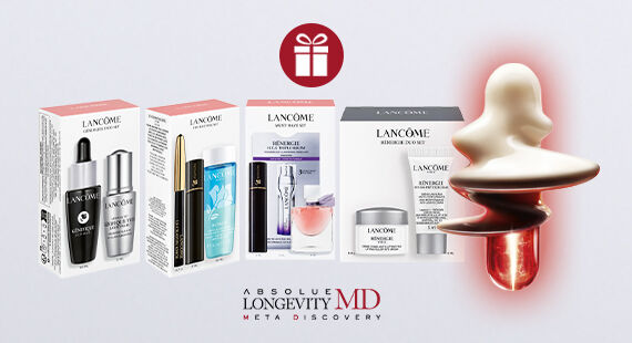 Lancome skincare and makeup sets with Absolue Longevity MD Meta Discovery logo on a light background.