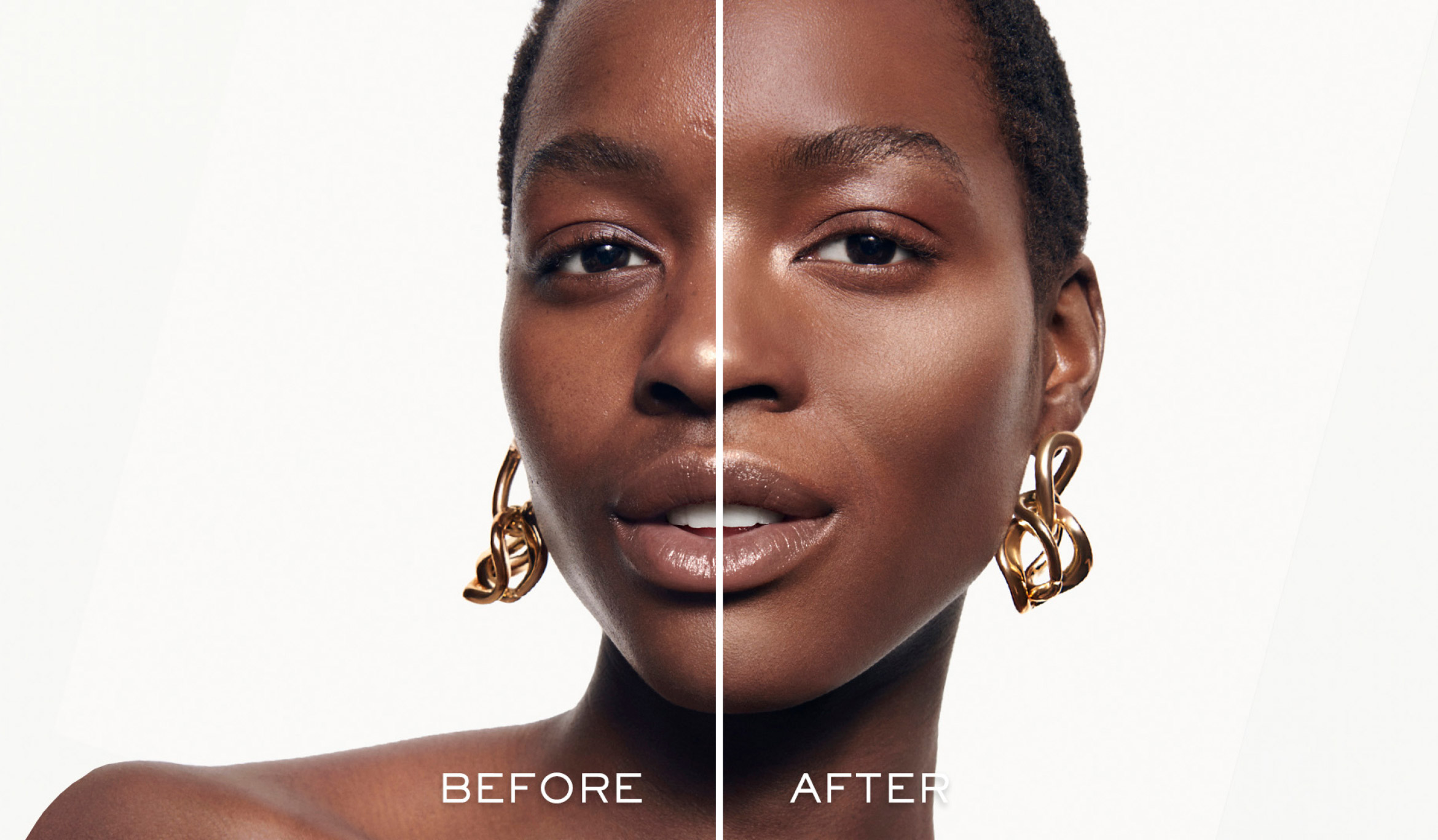 Een vrouw met gouden oorbellen, links 'voor' en rechts 'na' make-up, toont een transformatie van haar uitstraling.
