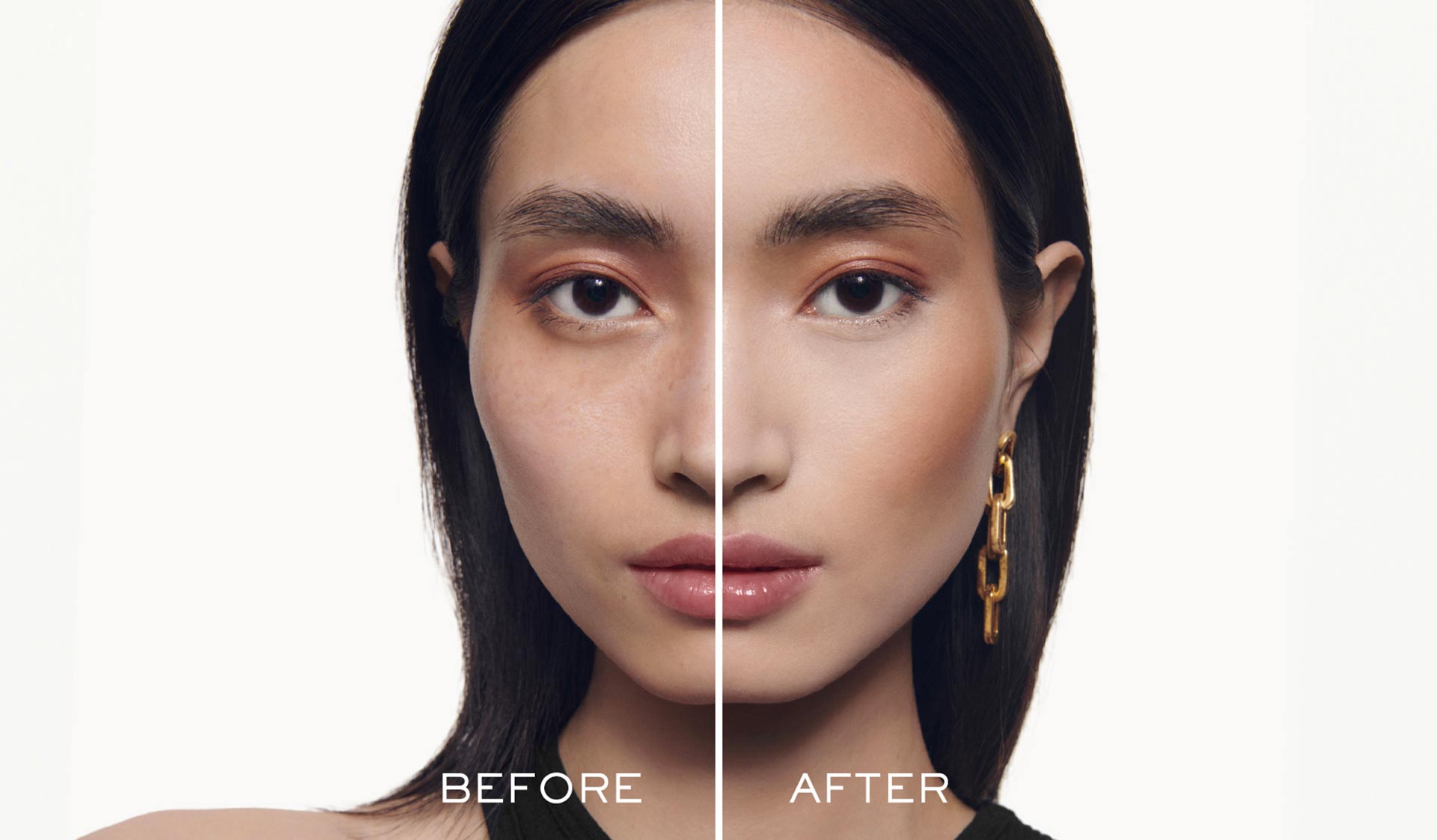 Voor-en-na afbeelding van een vrouw met verschil in huidtextuur en make-up. Links de natuurlijke look, rechts de afgewerkte look.